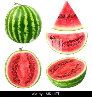 Isolated watermelons. Collection of whole and cut watermelon fruits isolated on white background with clipping path Stock Photo