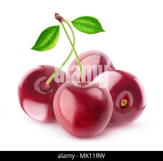 Isolated cherries. Four sweet cherry fruits isolated on white background with clipping path Stock Photo
