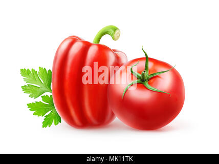 Isolated salade ingredients. Red bell pepper, tomato and parsley leaf isolated on white with clipping path Stock Photo