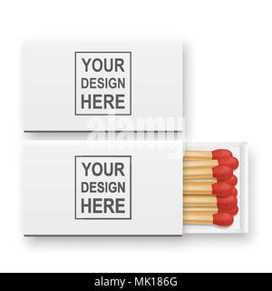Vector 3d realistic closed and opened blank box of matches icon set, closeup isolated on white background, top View. Design template, clipart for graphics Stock Vector