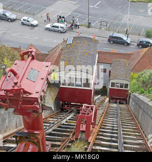 Hydraulic,Cliff Lift,The Leas,Folkestone,Kent,England Installed in 1885, the Grade II Listed, Leas Lift is a funicular railway which carries passenger Stock Photo