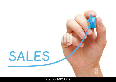 Hand drawing sales growth graph with blue marker on transparent wipe board. Stock Photo