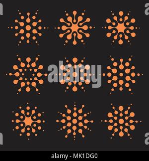 Logo sun template. Smart virus signs. Unusual isolated sunny circles icons set. Network community logotype collection. Orange vector illustration, abstract digital art pattern. Black background. Stock Vector