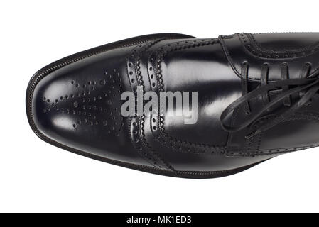 Men single black shoe isolated. On a white, top view. The black man's shoes isolated on white background. Stock Photo