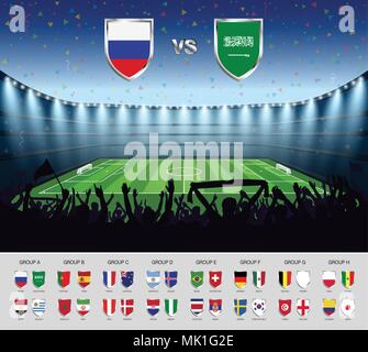 Soccer match Russia 2018 with excited crowd of people at soccer stadium background. Summer football tournament. Vector illustration. Stock Vector