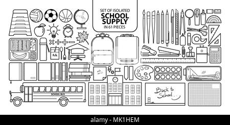 Set of isolated school supply in 61 pieces. Cute objects vector illustration in black outline and white plane on white background. Stock Vector