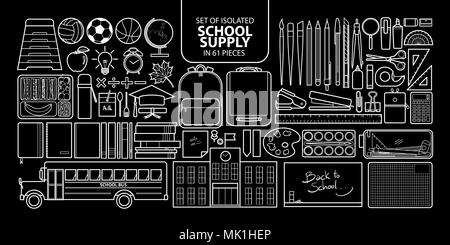 Set of isolated school supply in 61 pieces.Cute objects vector illustration only white outline on black background. Stock Vector