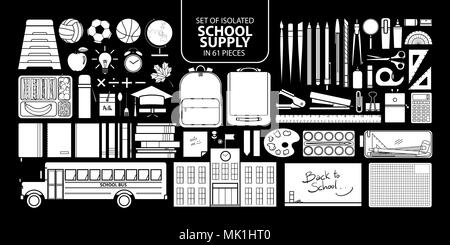 Set of isolated white silhouette school supply in 61 pieces. Cute objects vector illustration in white plane without outline on black background. Stock Vector