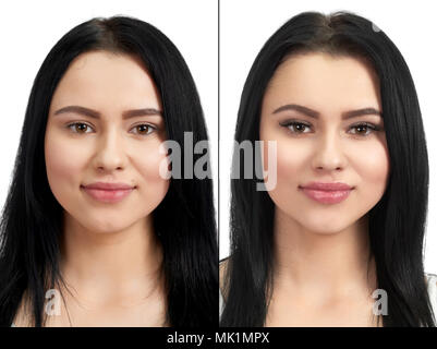 Photo comparison of normal and enlarged lashes. Take the difference between lashes before extension and after. Girl with long lashes and with short. Salon lashes extension for pretty brunette girl. Stock Photo