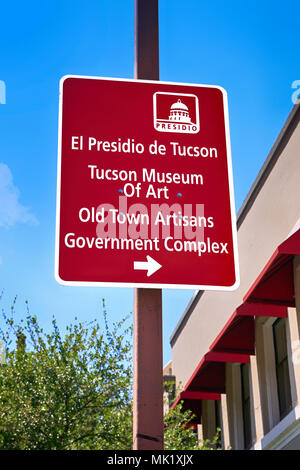 Multiple landmarks in the Presidio district signpost seen in downtown Tucson AZ Stock Photo