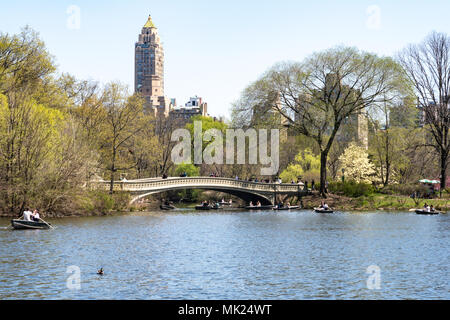 Bow Bridge is a landmark on the lake in Central Park, NYC, USA Stock Photo