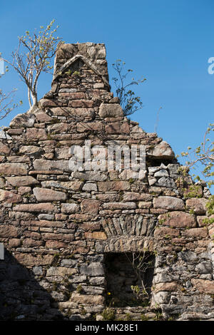 Gable end of ruined stone building (reported as ex Strath Minister's house / manse), Kilchrist, Cill Chriosd, Suardal, Isle of Skye, Scotland, UK. Stock Photo