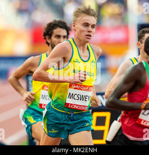 GOLD COAST, AUSTRALIA - APRIL 8: Stewart McSweyn competing in the Men's 5000m final at the Gold Coast 2018 Commonwealth Games at Carrara Stadium on Ap Stock Photo