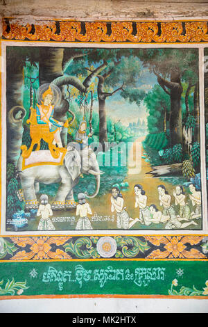 Twentieth Centry wall paintings showing scenes from the life of the Buddha at Phnom Chisor Temple in Takeo, Cambodia Stock Photo