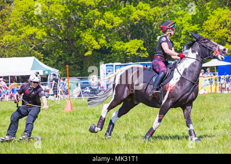 Netley Marsh, Hampshire, UK. 6th May 2018. The first day, of the two day event, Hampshire Game & Country Fair attracts the crowds on a hot sunny day. Horseboarding, horse boarding, is an exciting extreme sport where the boarder is pulled at speeds of up to 28mph around a series of obstacles by a galloping horse. Credit: Carolyn Jenkins/Ģ����ý Live News Stock Photo