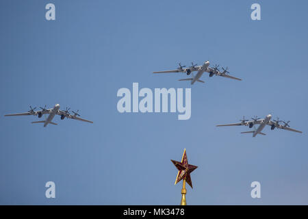 Moscow, Russia. 4th May, 2018. Russian Air Force Tupolev Tu-95MS four-engine turboprop-powered strategic bomber and missile carrier fly in formation during a rehearsal of the upcoming Victory Day air show marking the 73rd anniversary of the victory over Nazi Germany in the 1941-45 Great Patriotic War, the Eastern Front of World War II. Credit: Victor Vytolskiy/Alamy Live News Stock Photo