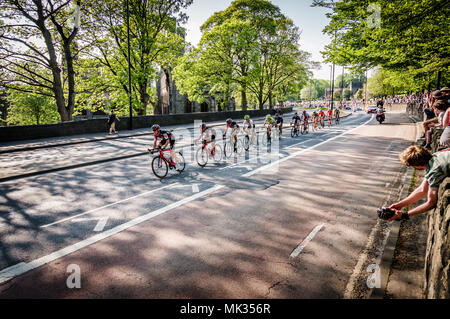 Leeds, UK - May 06, 2018: Cyclists taking part in Stage 4 of the Tour de Yorkshire pass Kirkstall Abbey in Leeds. Credit: colobusyeti.co.uk/Alamy Live News Stock Photo