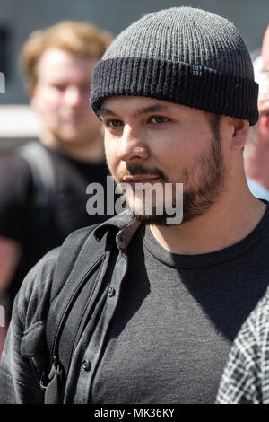 London, UK. 6th May, 2018. American journalist Tim Pool, best known for his coverage of Occupy Wall Street, appears at a protest by anti-racist and anti-fascist groups against the far-right Democratic Football Lads Alliance's 'Day of Freedom' in Whitehall at which former English Defence League leader Tommy Robinson was scheduled to speak. Credit: Mark Kerrison/Alamy Live News Stock Photo