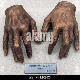 Dallas, Texas, USA. 06th May, 2018. The bronzed hands of artist ANDREW WYETH on display at the George W. Truett Memorial Hospital at the Baylor University Medical Center. The more than 100 bronze cast hands of well known persons from the fields of politics, sports, the arts and exploration were the work of orthopedic surgeon Adrian E. Flatt (1921-2017), whose specialty was hand surgery. Credit: Brian Cahn/ZUMA Wire/Alamy Live News Stock Photo