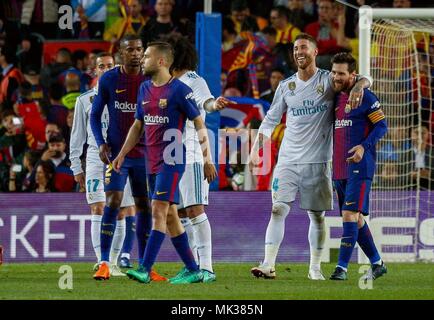 Barcelona, Spain. 6th May, 2018. FC Barcelona's Lionel Messi (1st R) and Real Madrid's Sergio Ramos (2nd R) walk off the field after a Spanish league match between FC Barcelona and Real Madrid in Barcelona, Spain, on May 6, 2018. The match ended 2-2. Credit: Joan Gosa/Xinhua/Alamy Live News Stock Photo
