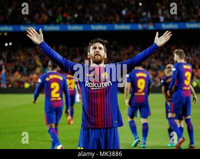 Barcelona, Spain. 6th May, 2018. FC Barcelona's Lionel Messi celebrates his goal during a Spanish league match between FC Barcelona and Real Madrid in Barcelona, Spain, on May 6, 2018. The match ended 2-2. Credit: Joan Gosa/Xinhua/Alamy Live News Stock Photo