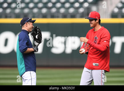 Ichiro Suzuki of the Seattle Mariners and Shohei Ohtani of Los Angeles  Angels talk before the Major League Baseball game at Safeco Field in  Seattle, Washington, United States, May 4, 2018. Credit