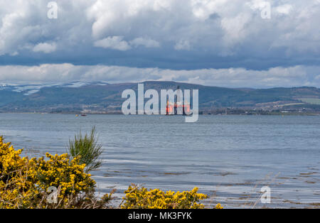 CROMARTY FIRTH SCOTLAND DECOMMISSIONED OR REPAIRED ORANGE OIL RIG WITH SNOW ON THE HILLS AND YELLOW GORSE FLOWERS Stock Photo