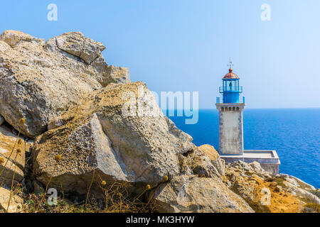 Lighthouse at cape Tainaron in Mani Greece. Cape Tenaro, (Cape Matapan) is the southernmost point of mainland Greece. Stock Photo