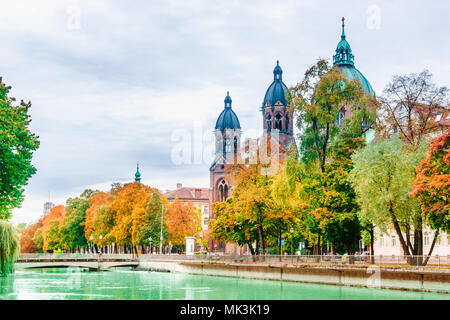 View on St. Luke Church by Isar river in Munich Stock Photo