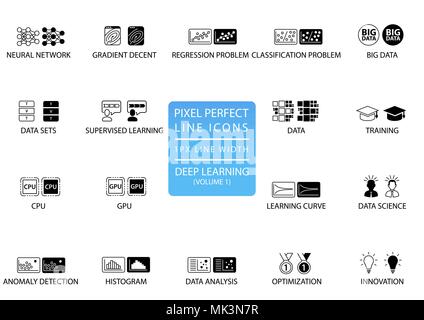 Pixel perfect thin line icons and symbols for deep learning. Stock Vector