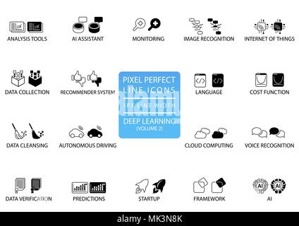 Pixel perfect thin line icons and symbols for deep learning. Stock Vector
