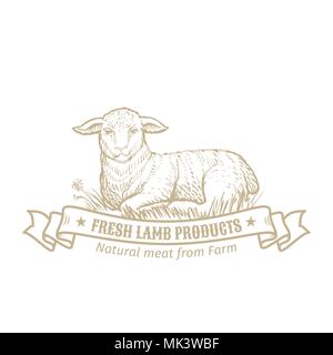 Isolated vintage golden and royal emblem of farm animal. Fresh and tasty lamb meat. Butchery products market. Hand made illustration and lettering. Concept template for branding Stock Vector