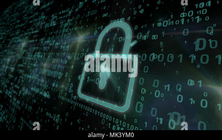 Cyber security concept. Green padlock icon on digital background in 3d perspective view. Symbol of technology safety. Stock Photo