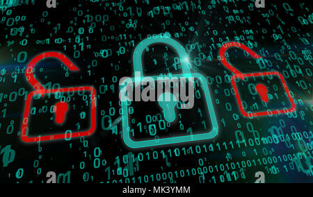 Cyber security concept. Green padlock icon on digital background in 3d perspective view. Symbol of technology safety. Stock Photo