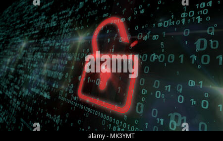 Cyber security concept. Red padlock icon on digital background in 3d perspective view. Symbol of technology protection. Stock Photo