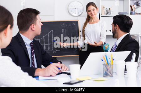 Confident businesswoman doing presentation to colleagues on blackboard with graphs and diagrams Stock Photo