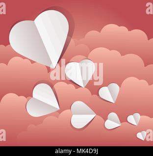 Paper cut Valentines day. Origami greeting card with flowers and hearts ...