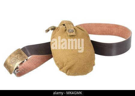 Soviet Army water canteen with belt isolated on white background Stock Photo