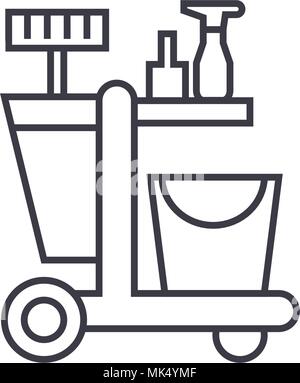 cleaning trolley vector line icon, sign, illustration on background, editable strokes Stock Vector