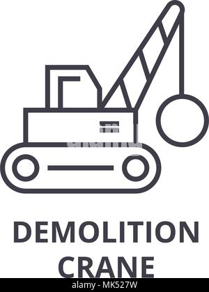 demolition crane vector line icon, sign, illustration on background, editable strokes Stock Vector