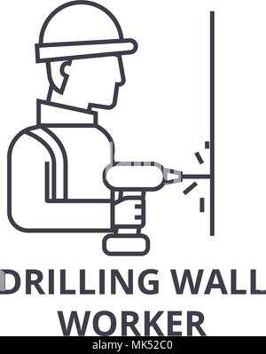 drilling wall worker vector line icon, sign, illustration on background, editable strokes Stock Vector