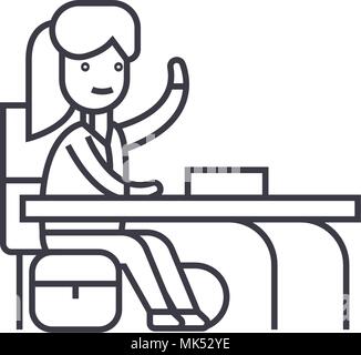girl at a desk vector line icon, sign, illustration on background, editable strokes Stock Vector