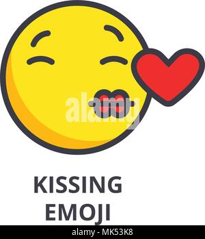 kissing emoji vector line icon, sign, illustration on background, editable strokes Stock Vector