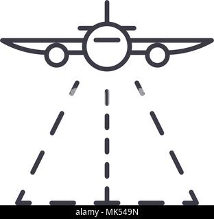 plane landing vector line icon, sign, illustration on background, editable strokes Stock Vector
