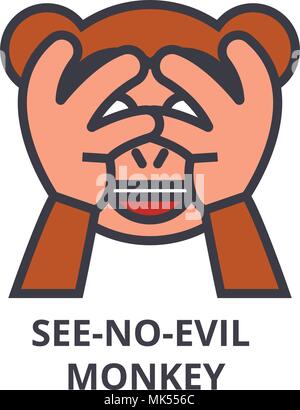 see no evil emoji vector line icon, sign, illustration on background, editable strokes Stock Vector