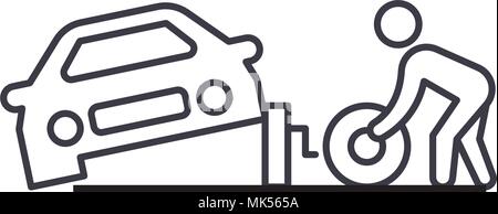 tire replacement vector line icon, sign, illustration on background, editable strokes Stock Vector