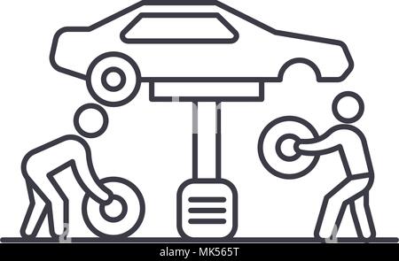 tires replacement vector line icon, sign, illustration on background, editable strokes Stock Vector