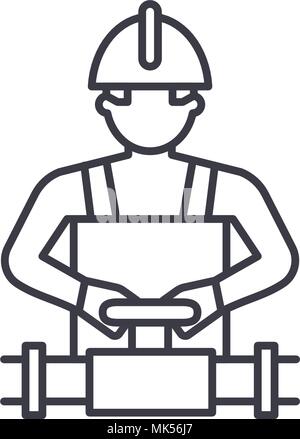 worker spinning the valve vector line icon, sign, illustration on background, editable strokes Stock Vector