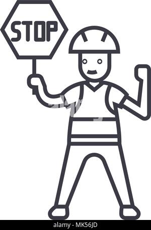 worker with a stop sign vector line icon, sign, illustration on background, editable strokes Stock Vector