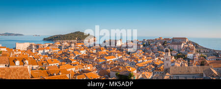 Panoramic view of the old town of Dubrovnik in beautiful golden evening light at sunset with blue sky in summer, Dalmatia, Croatia Stock Photo